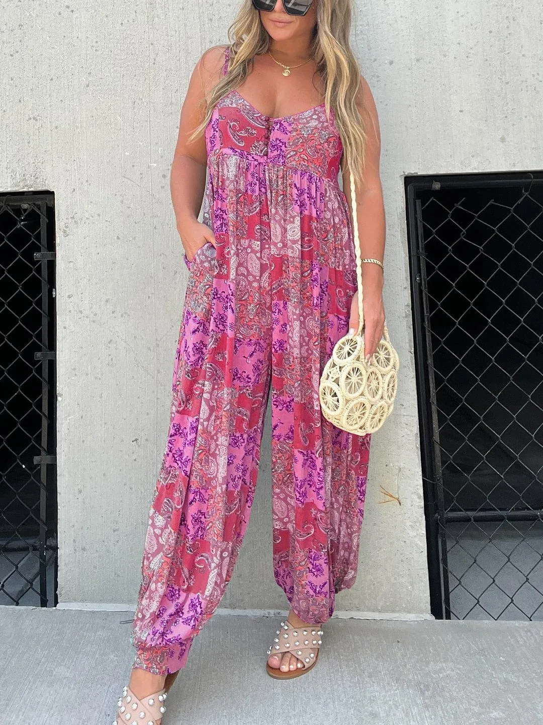 2024 Hot Sale Patchwork Print Loose Jumpsuit (Free Shipping)