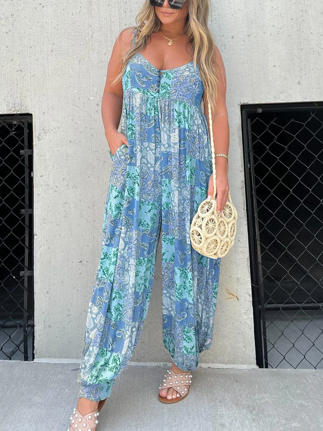 2024 Hot Sale Patchwork Print Loose Jumpsuit (Free Shipping)