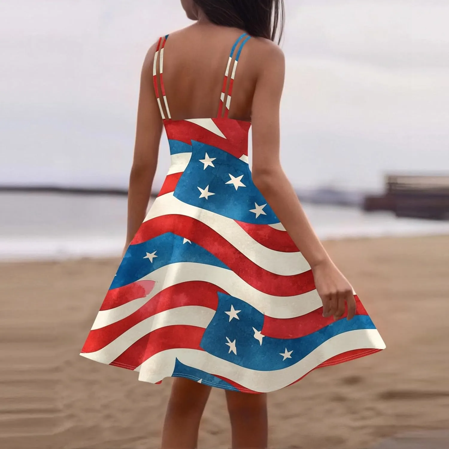 4th of July Womens Dresses Spaghetti Strap American Flag Print Midi Dress 2025 Trendy Summer Vintage Sundress Swing