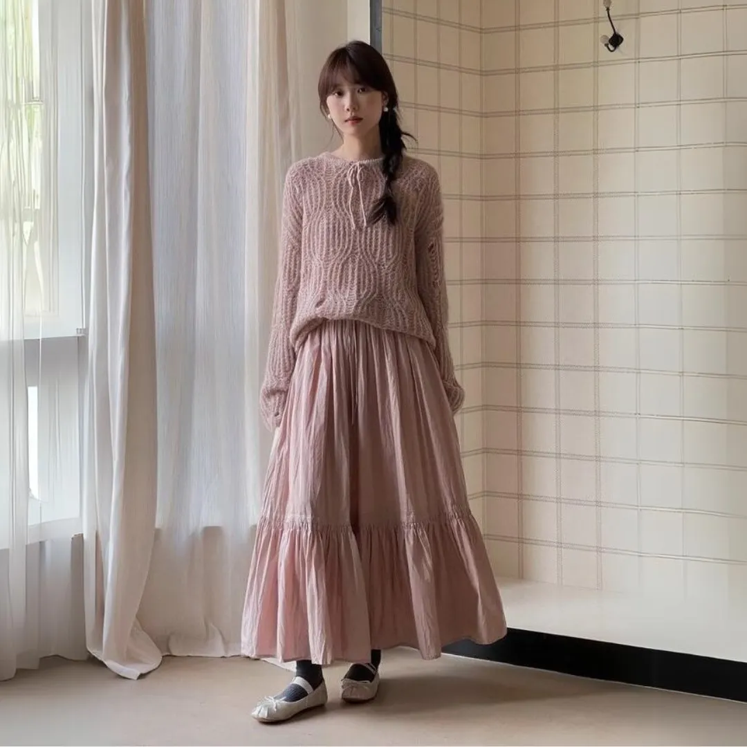 复古玫瑰高腰A字拼接中长裙 Vintage Rosy High-Waist A-Line Tiered Maxi Skirt