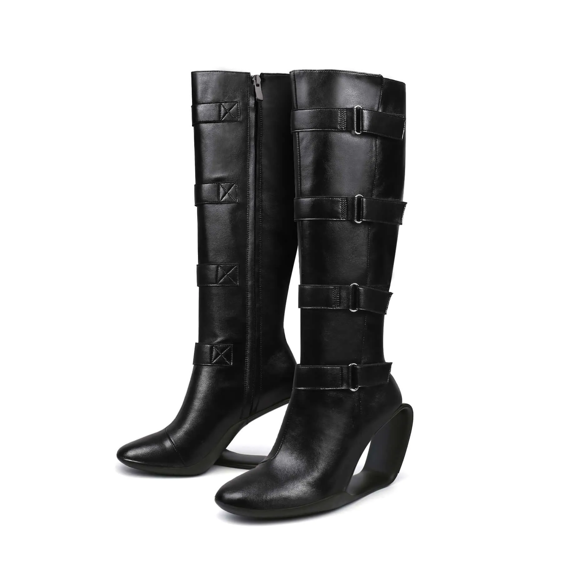 Black Knee-High Multi-Buckle Strap Boots