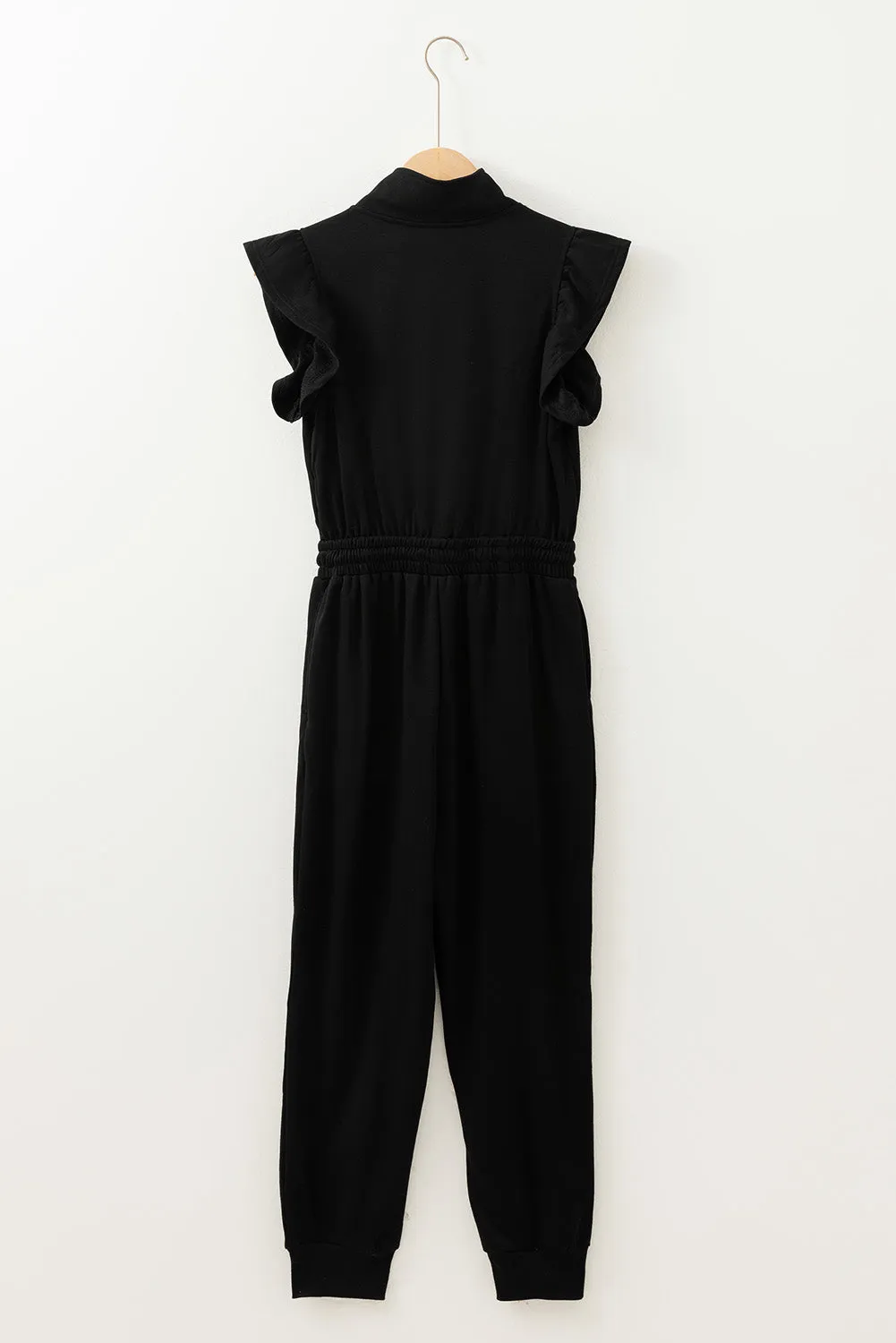 Black Zipper Flutter Sleeve Drawstring High Waist Jumpsuit