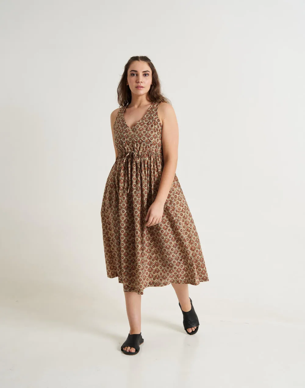 Block printed midi dress - Brown