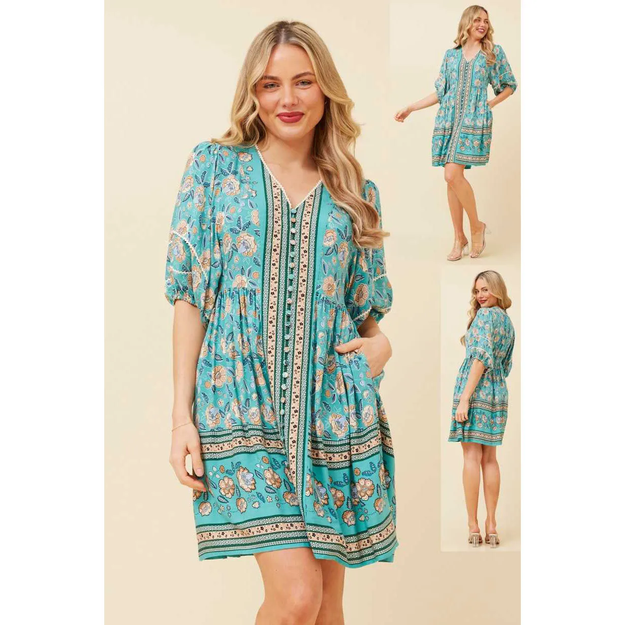 Boho Short Dress With Button Front - Blue