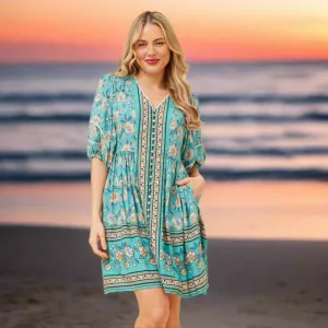 Boho Short Dress With Button Front - Blue