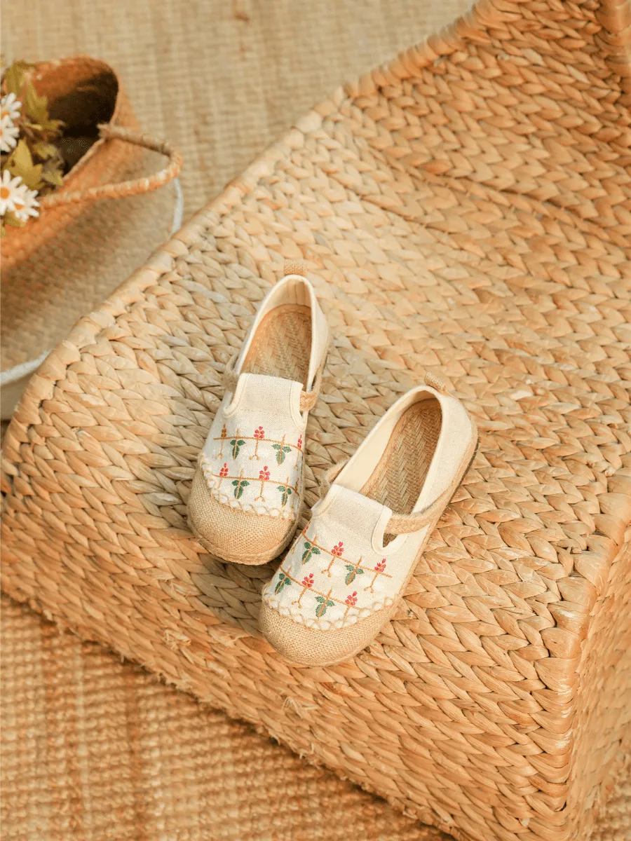 CACTUS ROSE | SWEET GARDEN EMBROIDERED LINEN ESPADRILLE - BEIGE