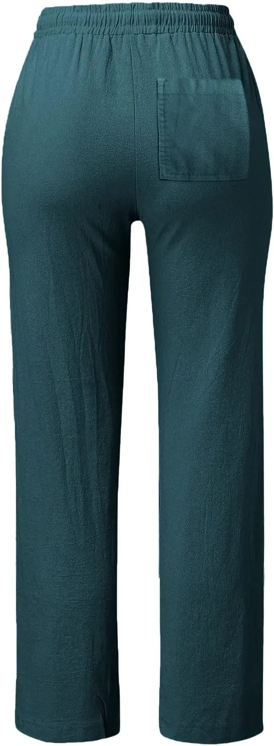 Cotton Linen Pants for Women Casual Loose Lightweight Beach Trousers Wide Leg Cropped Lounge Trousers with Pockets