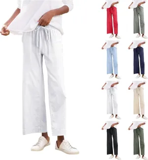 Cropped Wide Leg Pants for Women Drawstring High Waisted Linen Capri Pants Business Casual Work Slacks with Pockets
