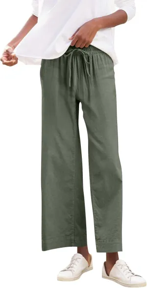 Cropped Wide Leg Pants for Women Drawstring High Waisted Linen Capri Pants Business Casual Work Slacks with Pockets