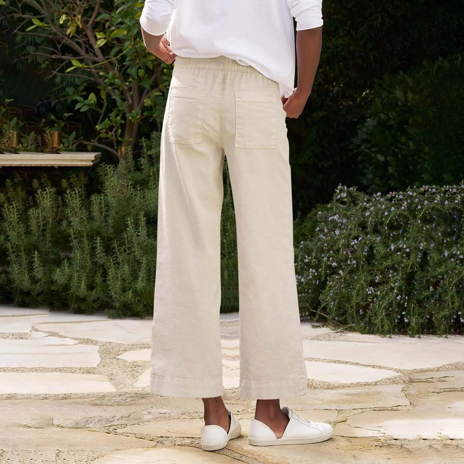 Cropped Wide Leg Pants for Women Drawstring High Waisted Linen Capri Pants Business Casual Work Slacks with Pockets