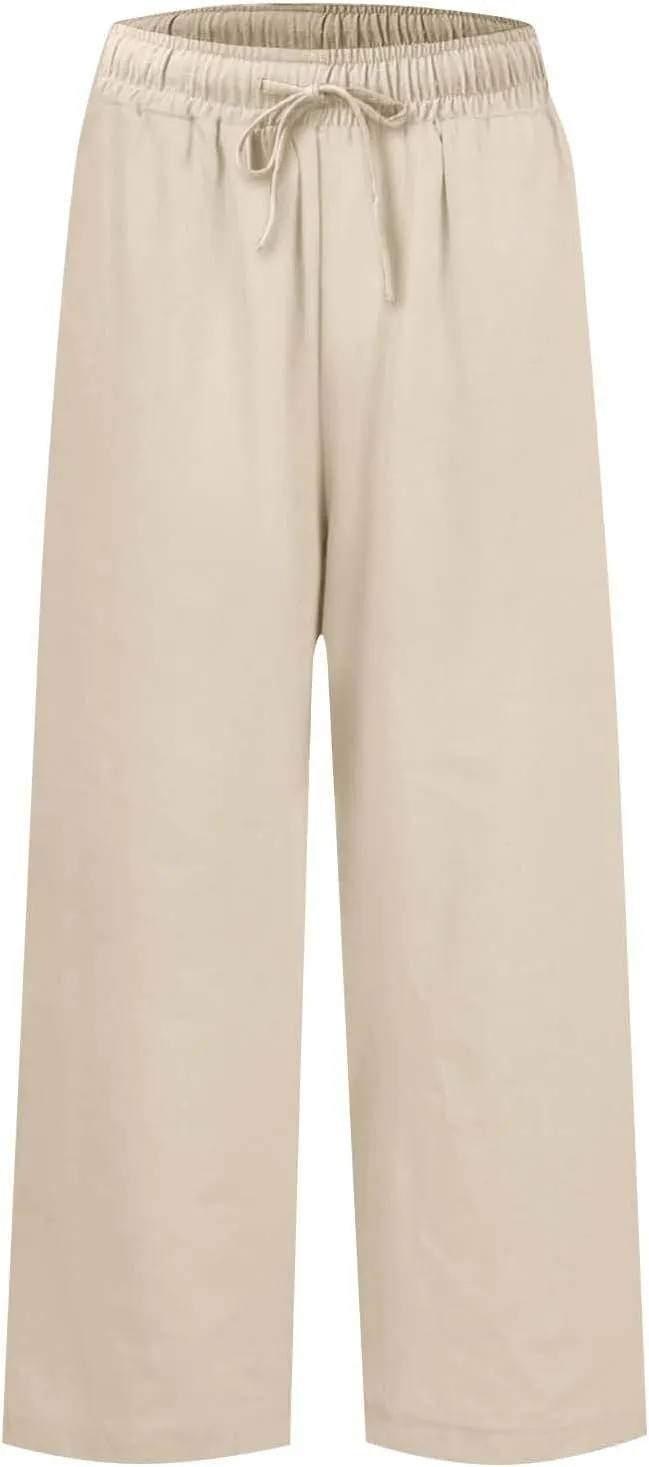 Cropped Wide Leg Pants for Women Drawstring High Waisted Linen Capri Pants Business Casual Work Slacks with Pockets