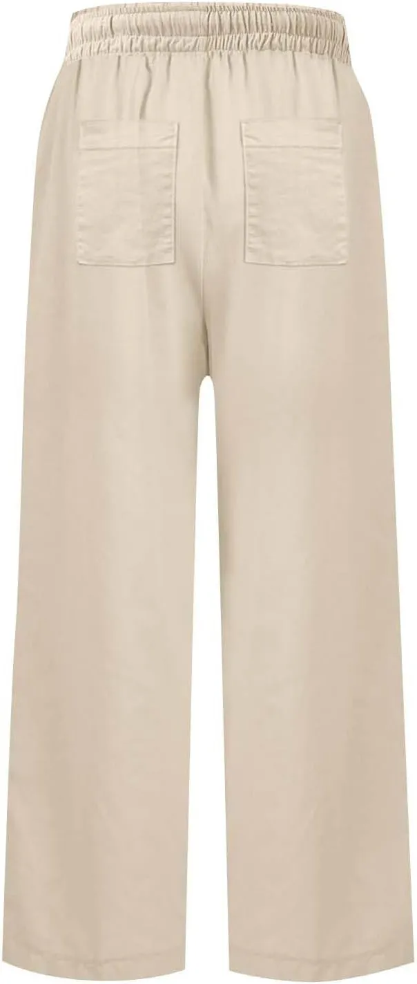 Cropped Wide Leg Pants for Women Drawstring High Waisted Linen Capri Pants Business Casual Work Slacks with Pockets