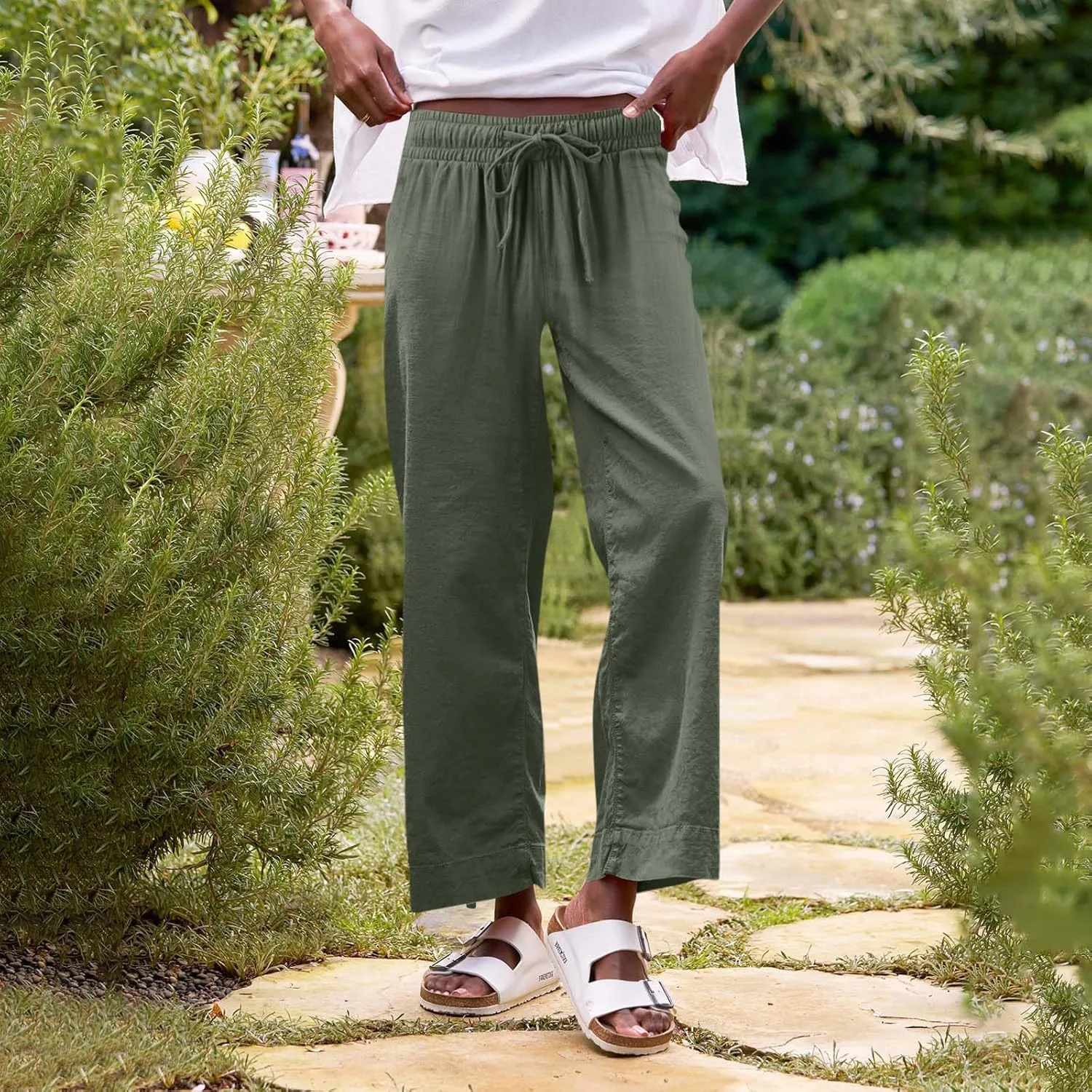 Cropped Wide Leg Pants for Women Drawstring High Waisted Linen Capri Pants Business Casual Work Slacks with Pockets