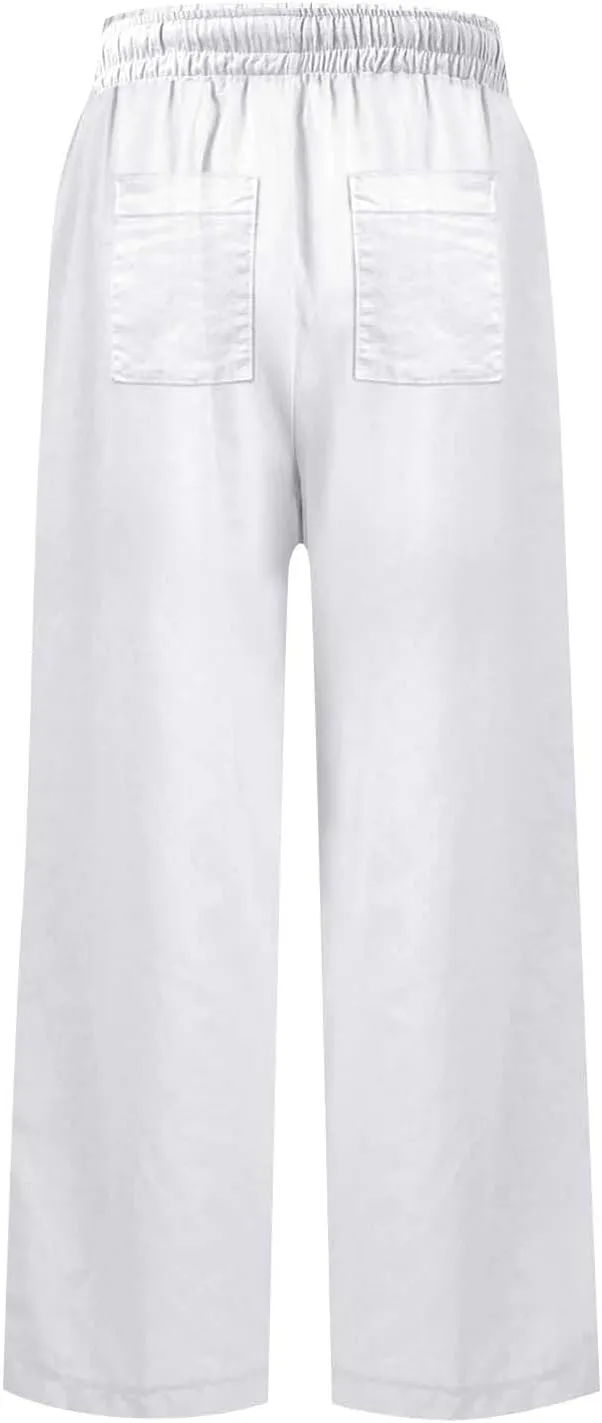 Cropped Wide Leg Pants for Women Drawstring High Waisted Linen Capri Pants Business Casual Work Slacks with Pockets