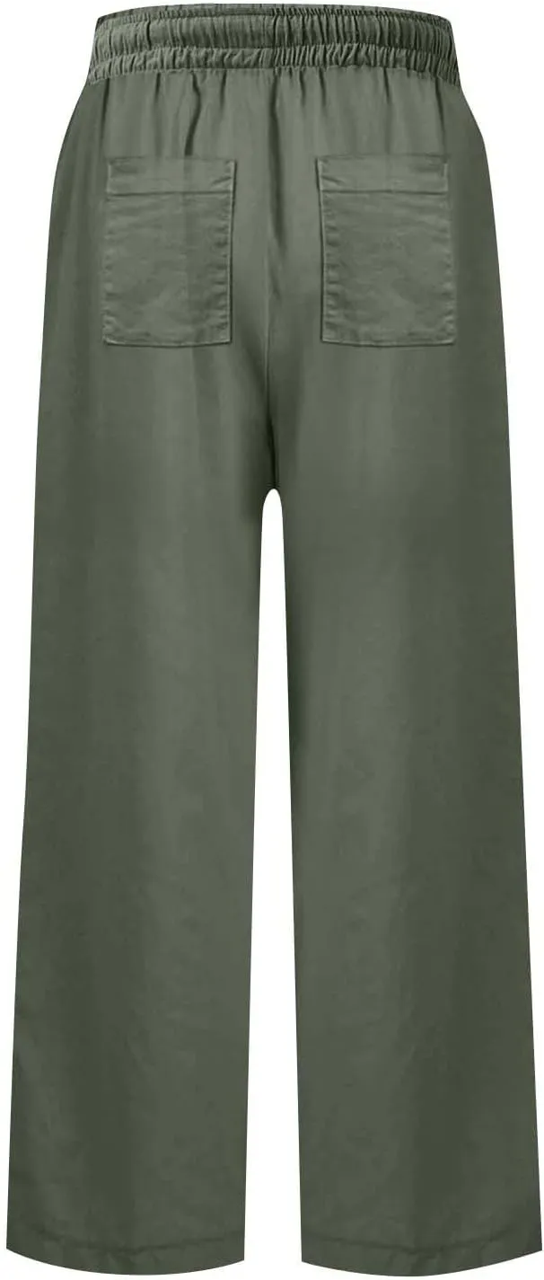 Cropped Wide Leg Pants for Women Drawstring High Waisted Linen Capri Pants Business Casual Work Slacks with Pockets