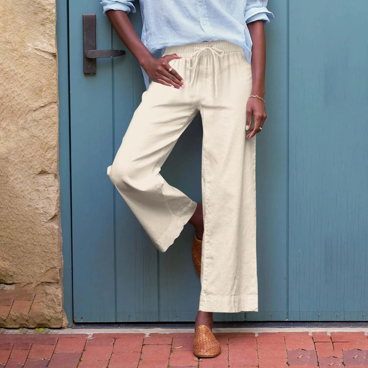Cropped Wide Leg Pants for Women Drawstring High Waisted Linen Capri Pants Business Casual Work Slacks with Pockets