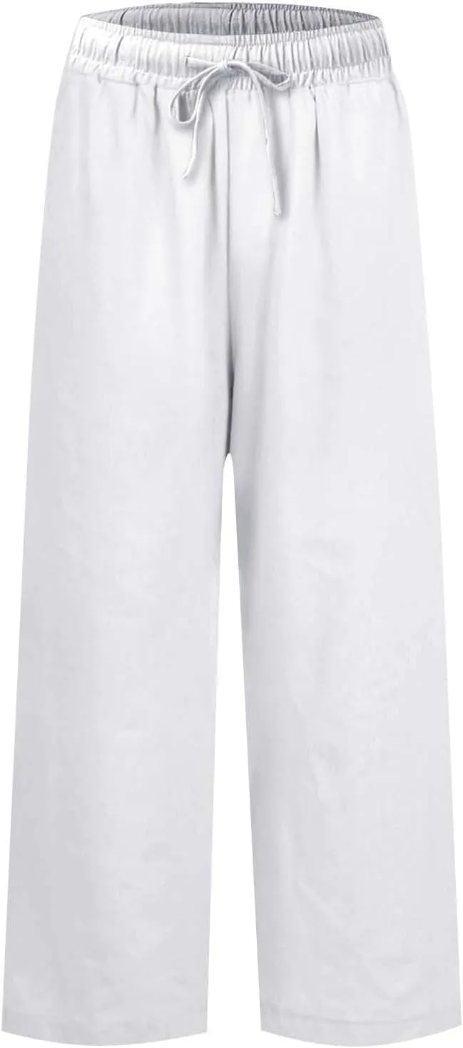 Cropped Wide Leg Pants for Women Drawstring High Waisted Linen Capri Pants Business Casual Work Slacks with Pockets