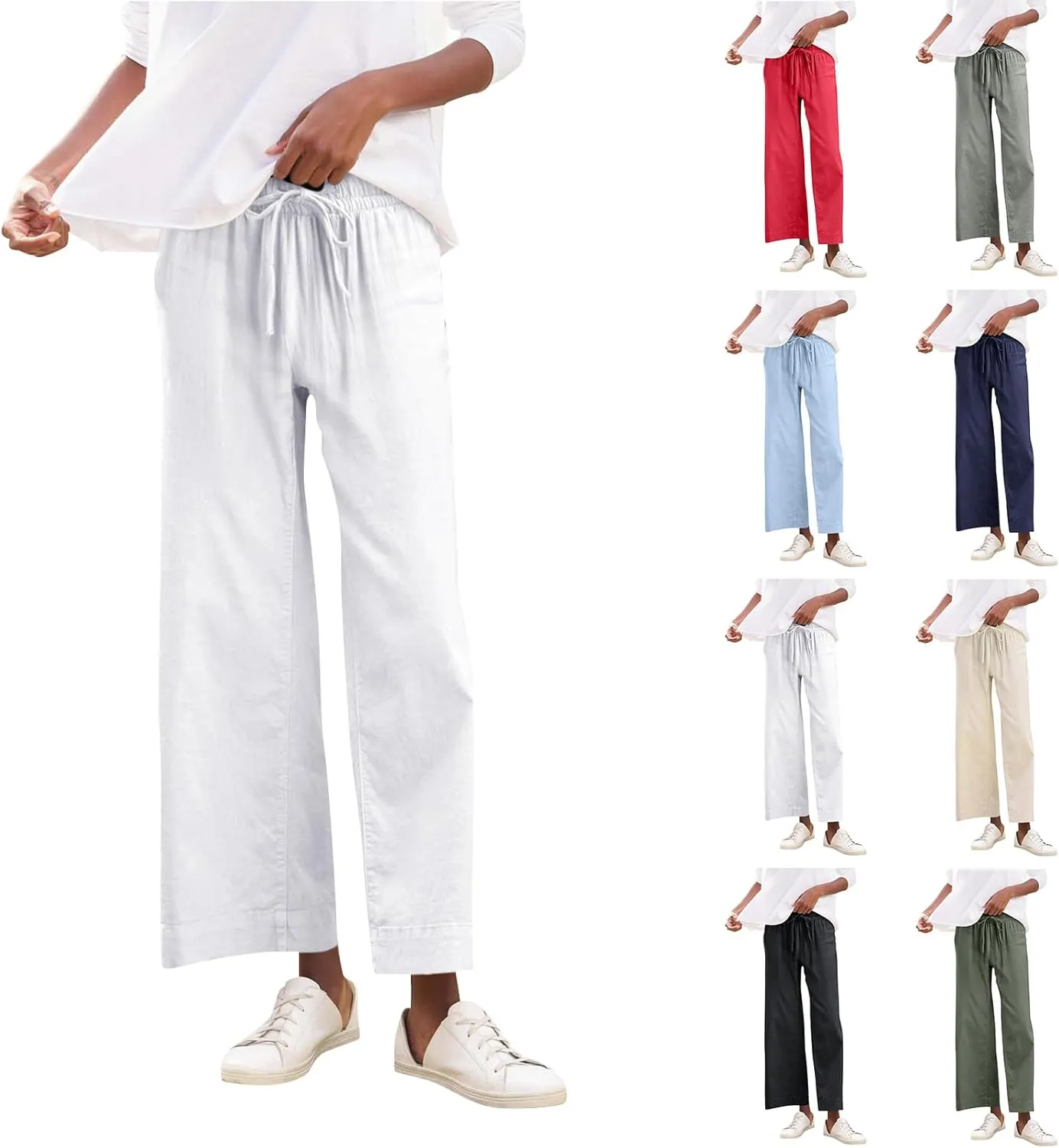 Cropped Wide Leg Pants for Women Drawstring High Waisted Linen Capri Pants Business Casual Work Slacks with Pockets