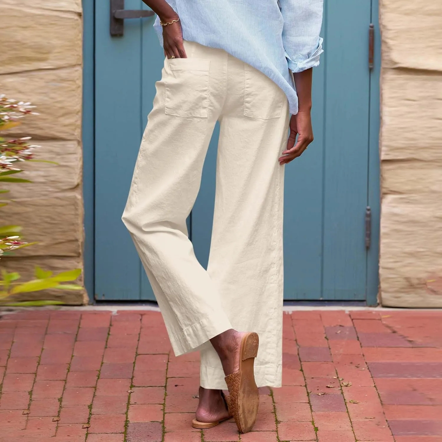 Cropped Wide Leg Pants for Women Drawstring High Waisted Linen Capri Pants Business Casual Work Slacks with Pockets