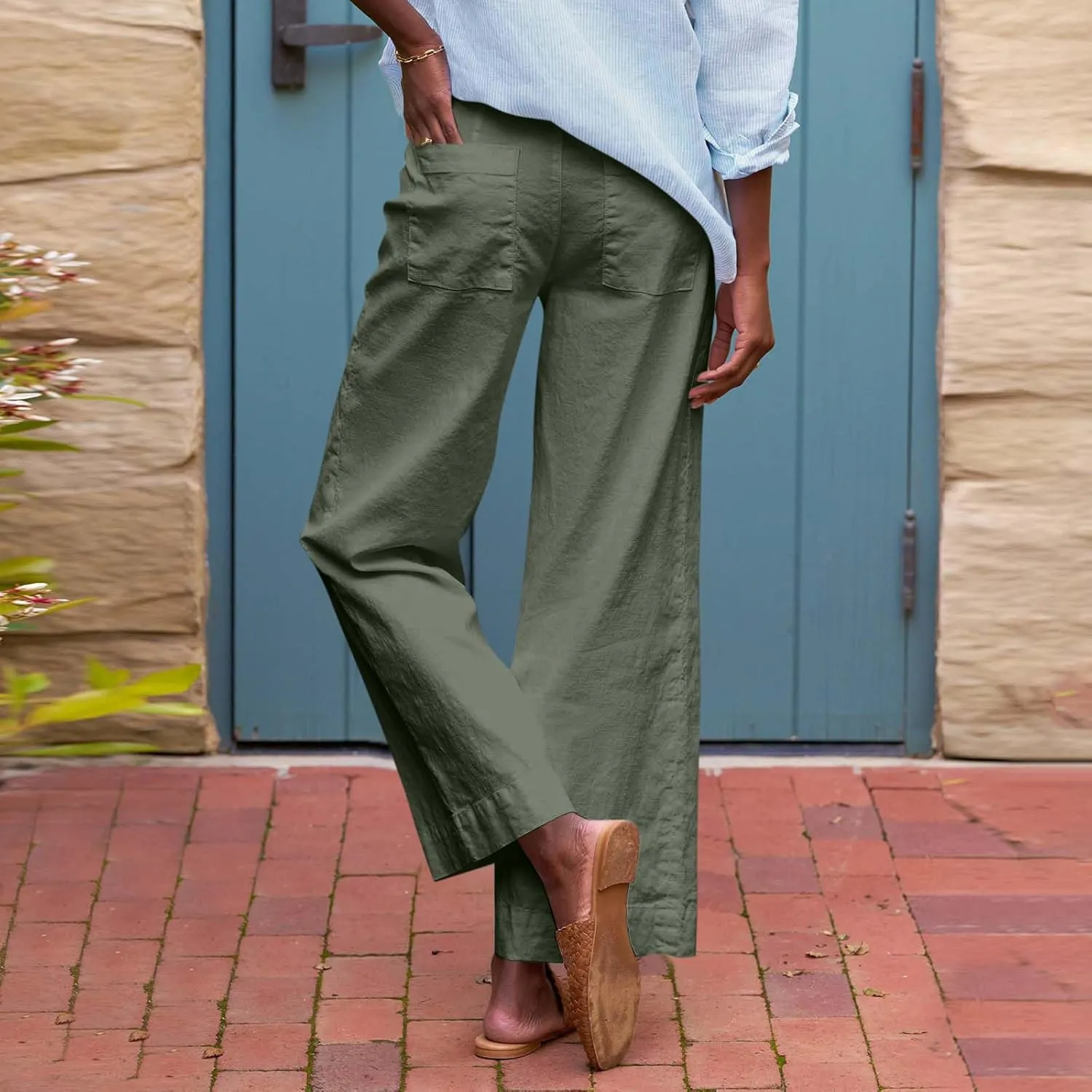 Cropped Wide Leg Pants for Women Drawstring High Waisted Linen Capri Pants Business Casual Work Slacks with Pockets