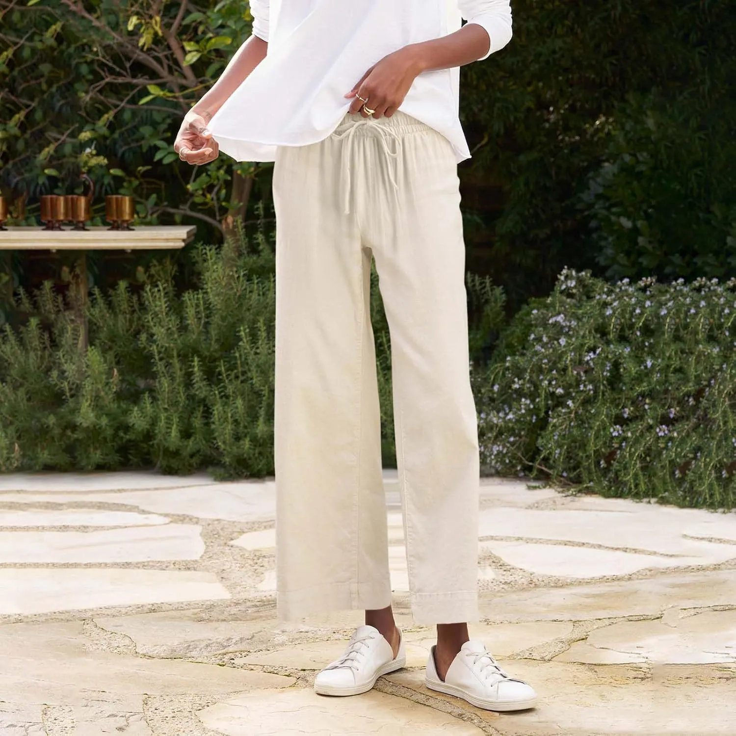 Cropped Wide Leg Pants for Women Drawstring High Waisted Linen Capri Pants Business Casual Work Slacks with Pockets
