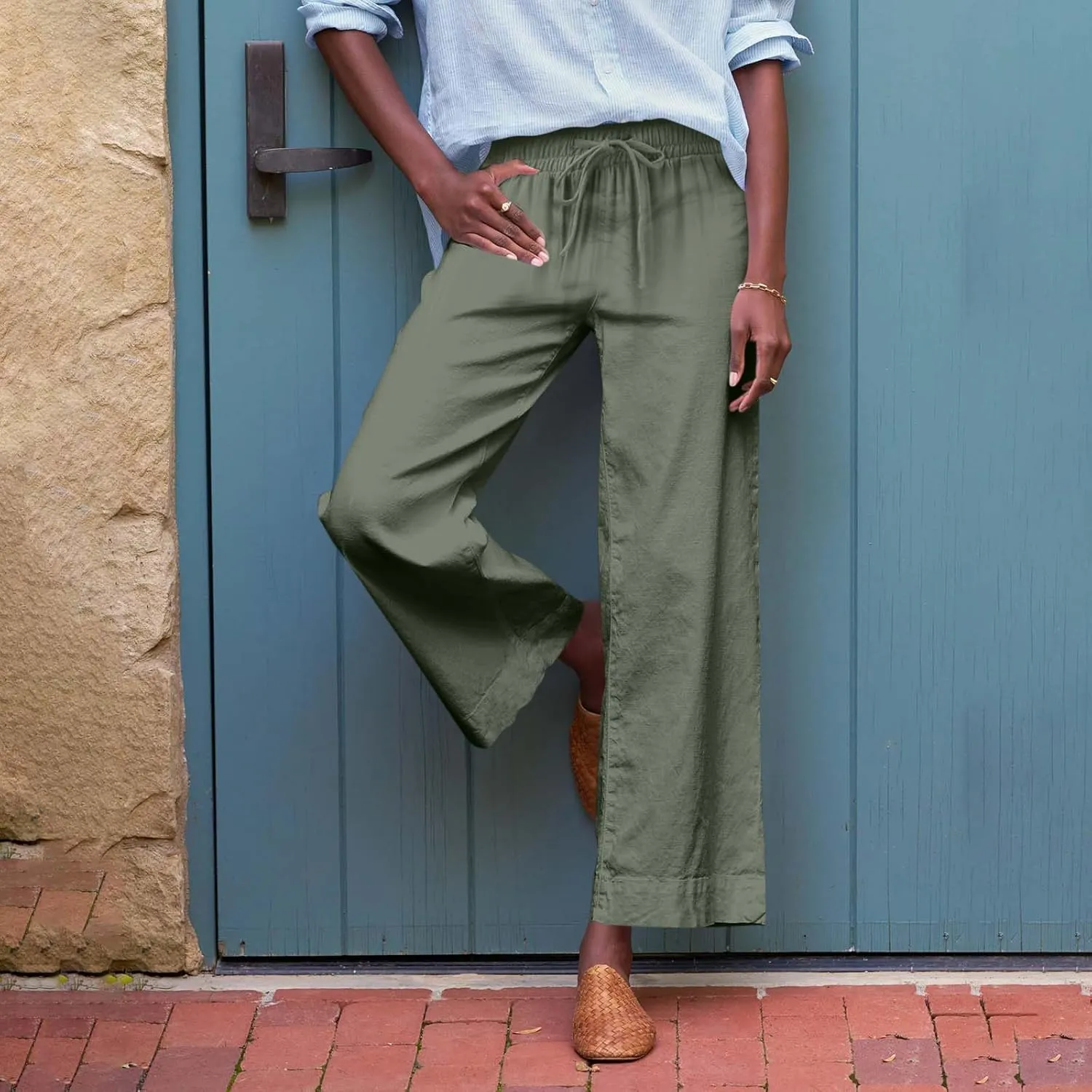 Cropped Wide Leg Pants for Women Drawstring High Waisted Linen Capri Pants Business Casual Work Slacks with Pockets