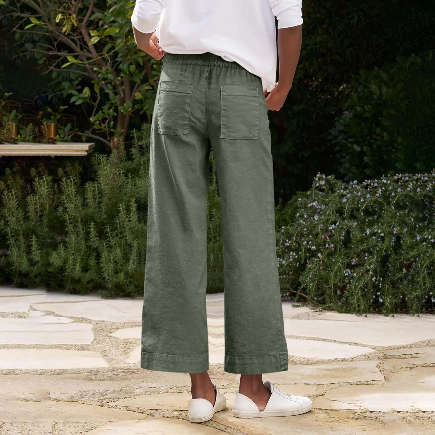 Cropped Wide Leg Pants for Women Drawstring High Waisted Linen Capri Pants Business Casual Work Slacks with Pockets