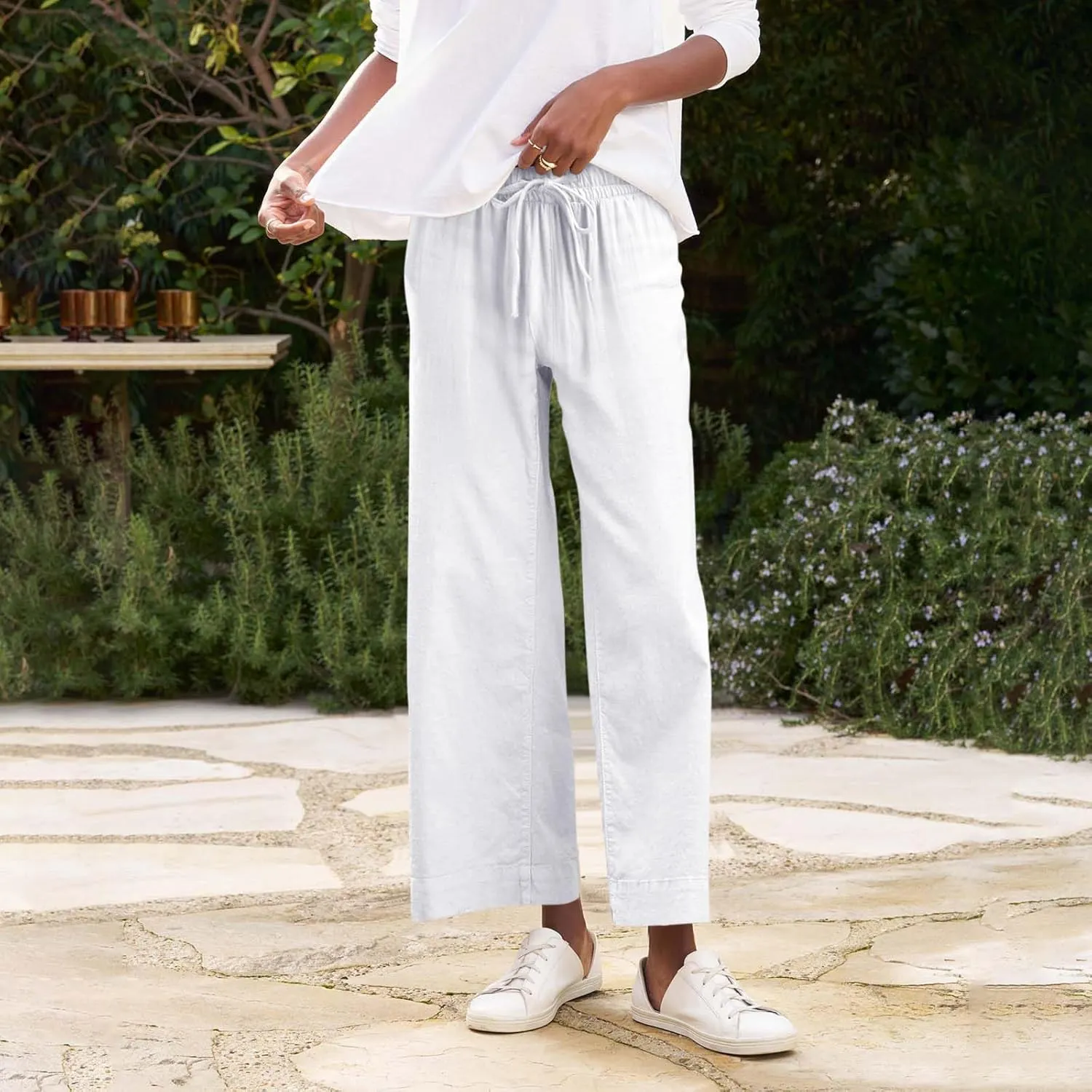 Cropped Wide Leg Pants for Women Drawstring High Waisted Linen Capri Pants Business Casual Work Slacks with Pockets