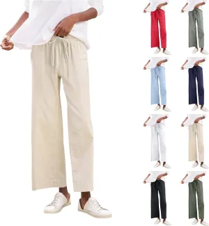 Cropped Wide Leg Pants for Women Drawstring High Waisted Linen Capri Pants Business Casual Work Slacks with Pockets
