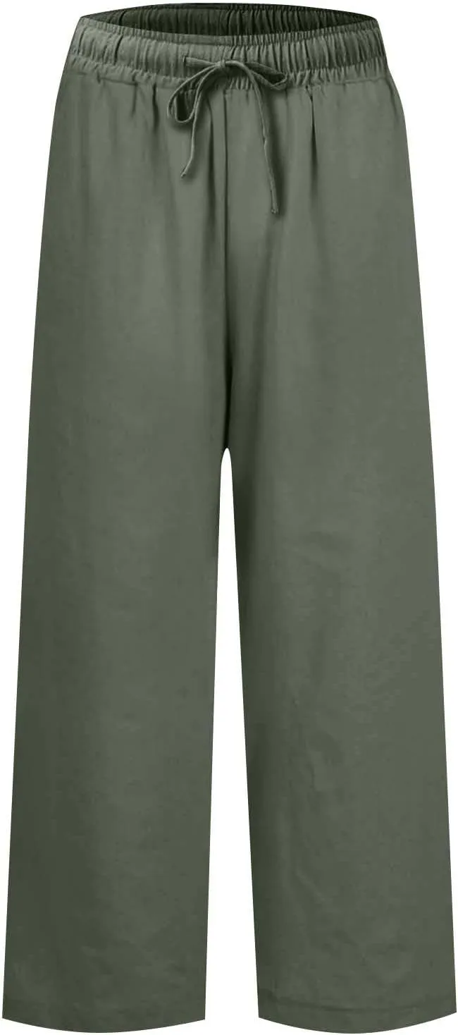 Cropped Wide Leg Pants for Women Drawstring High Waisted Linen Capri Pants Business Casual Work Slacks with Pockets