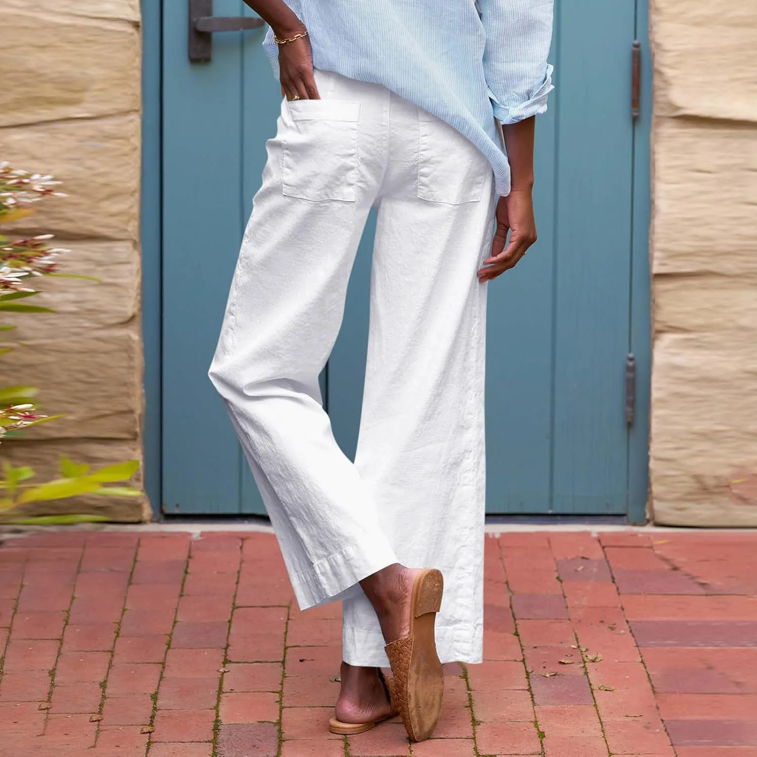 Cropped Wide Leg Pants for Women Drawstring High Waisted Linen Capri Pants Business Casual Work Slacks with Pockets