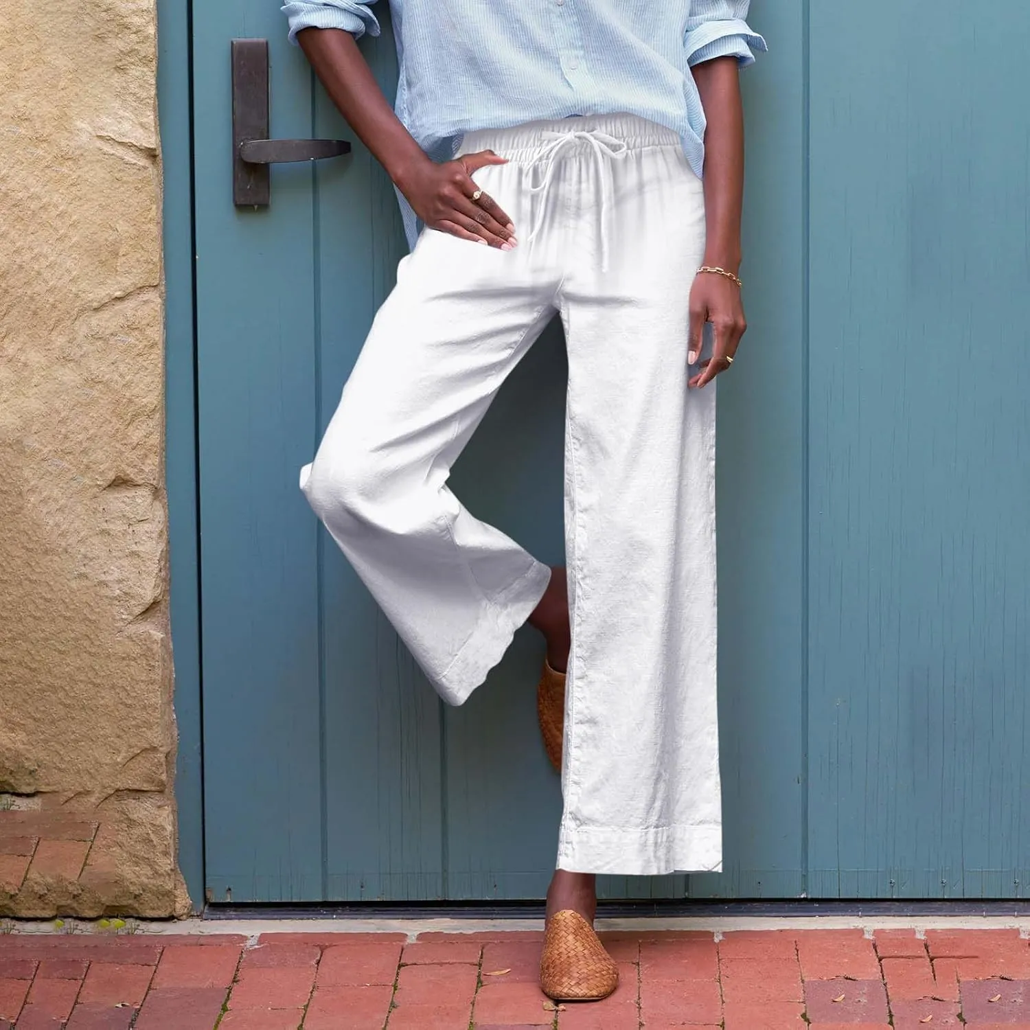 Cropped Wide Leg Pants for Women Drawstring High Waisted Linen Capri Pants Business Casual Work Slacks with Pockets