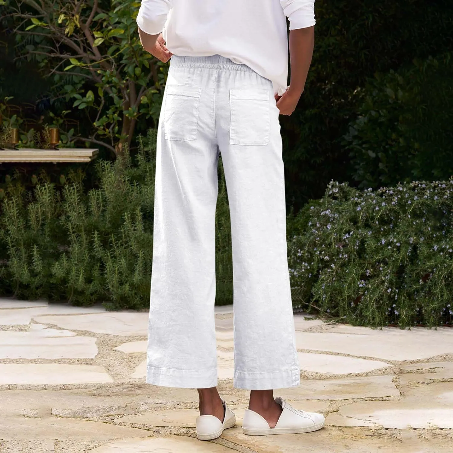 Cropped Wide Leg Pants for Women Drawstring High Waisted Linen Capri Pants Business Casual Work Slacks with Pockets