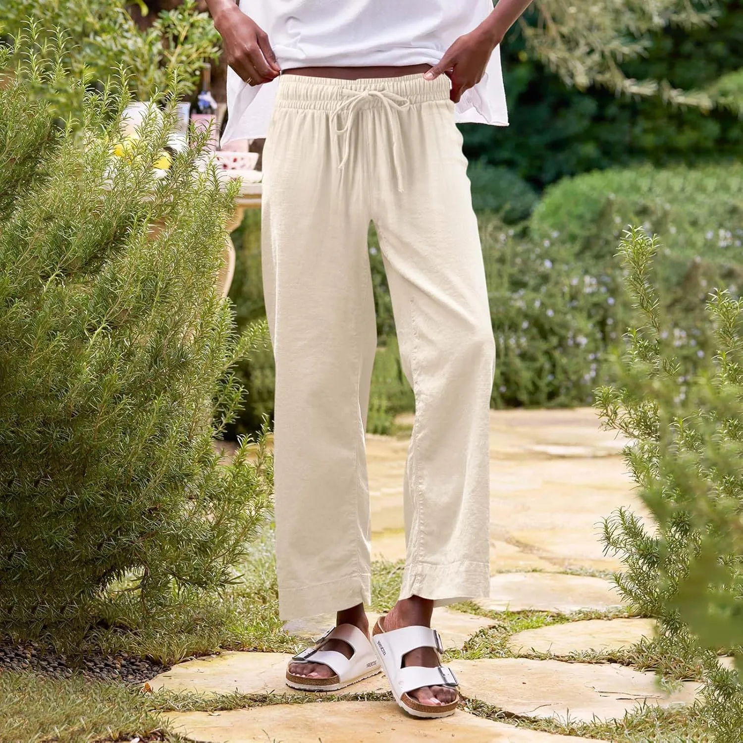 Cropped Wide Leg Pants for Women Drawstring High Waisted Linen Capri Pants Business Casual Work Slacks with Pockets