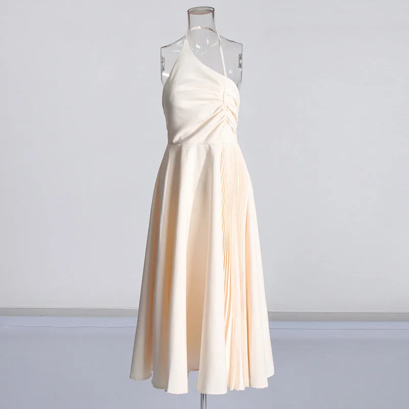 Daphne™ | White Oblique Shoulder Sling Pleated Dress