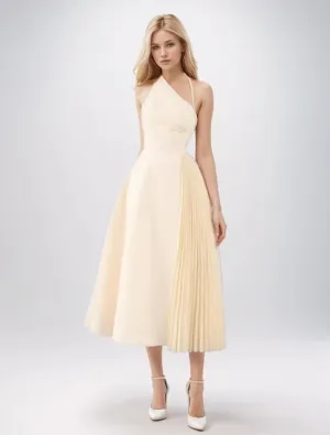 Daphne™ | White Oblique Shoulder Sling Pleated Dress
