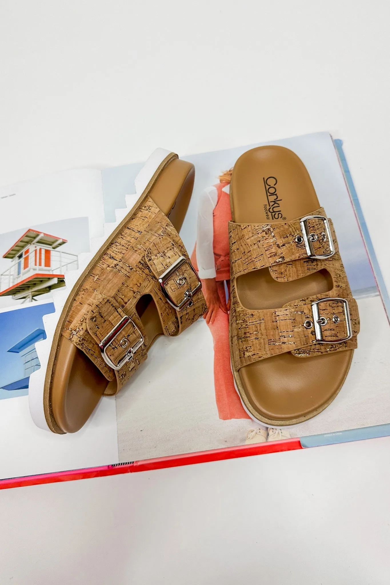 Dash Double Strap Slide On Corkys Sandal in Glitter Cork