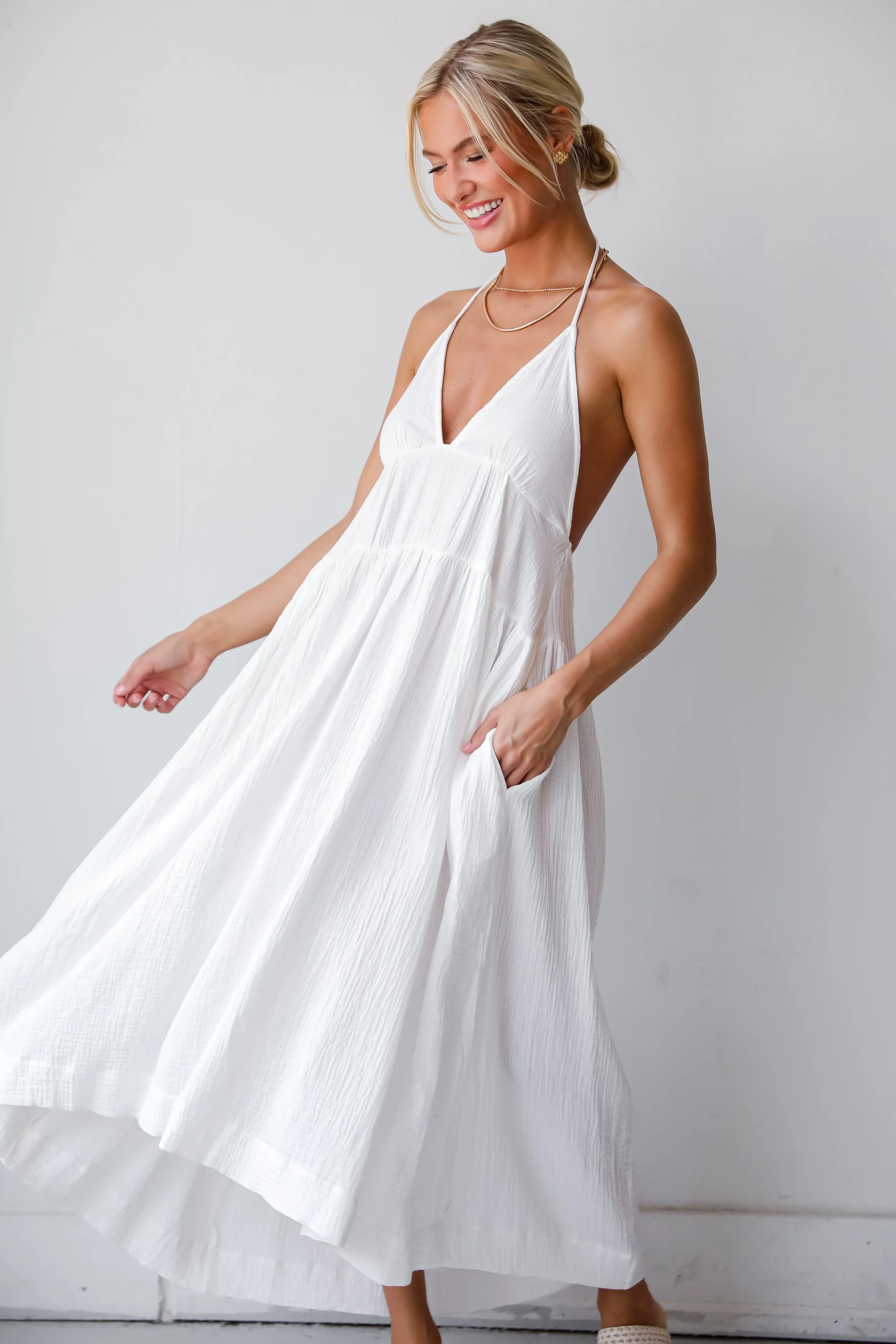 FINAL SALE - Memorable Entrance White Linen Halter Midi Dress