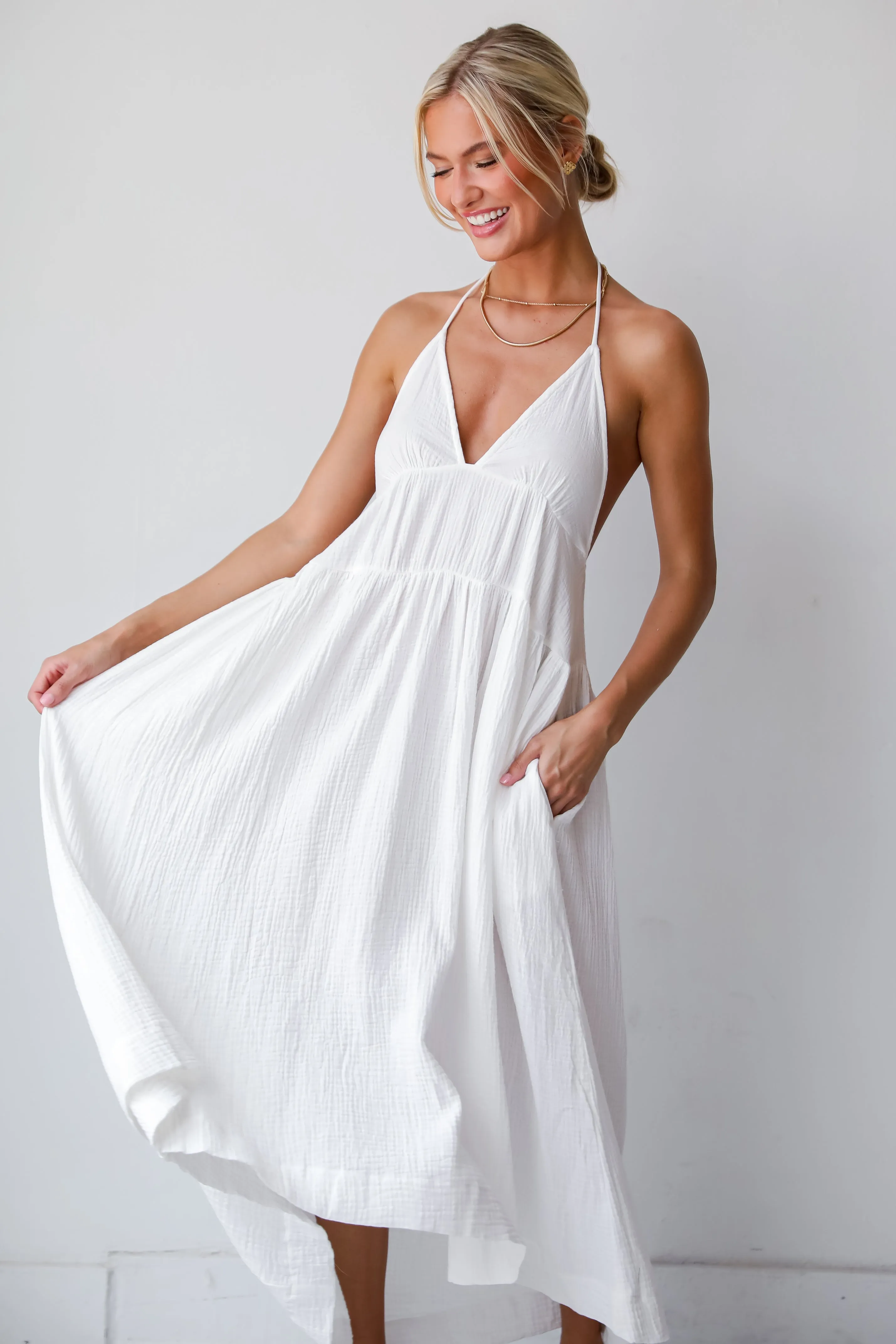 FINAL SALE - Memorable Entrance White Linen Halter Midi Dress