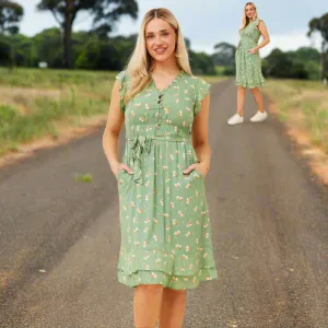 Floral Short Dress With Waist Tie - Sage Green