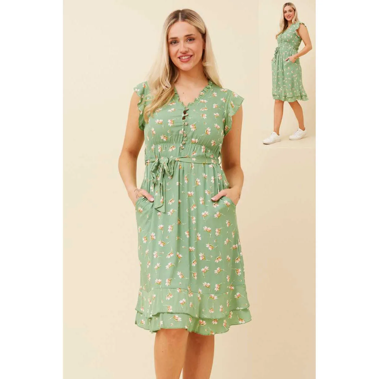 Floral Short Dress With Waist Tie - Sage Green