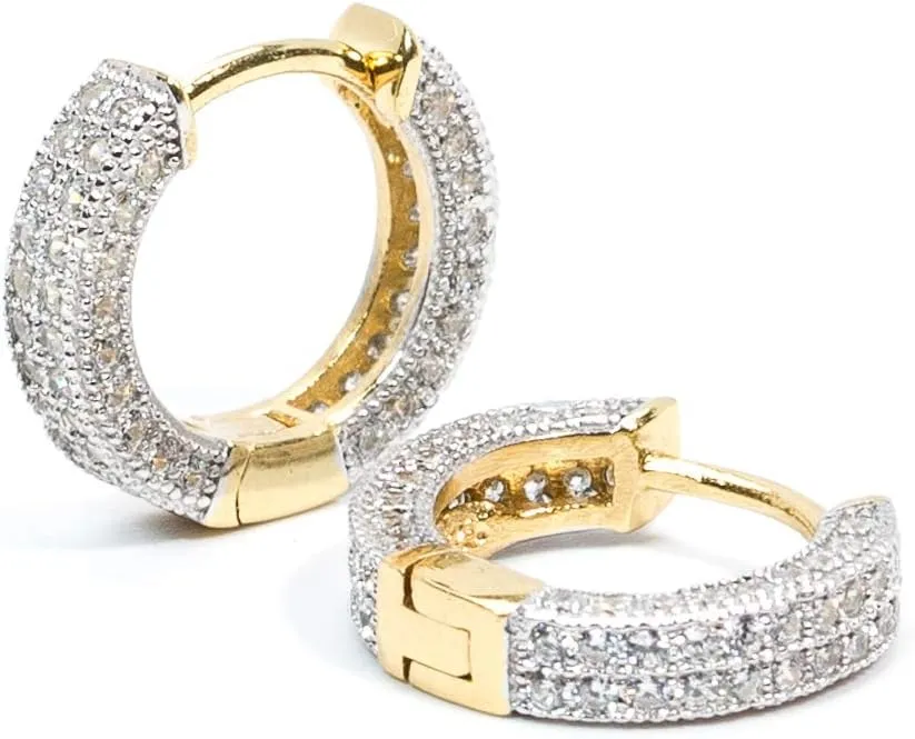 Fully Iced Two Tone Yellow Gold Plated 925 Sterling Silver Men's Women's Hypoallergenic Classic Small Huggie Hoop Earrings Jewelry Birthday Gifts for Men,Women