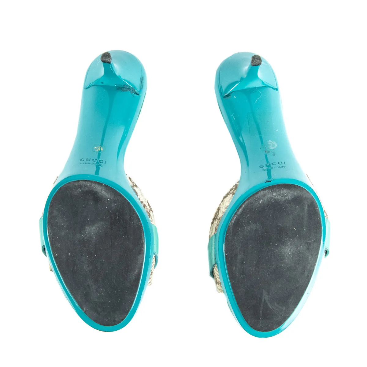 Gucci Turquoise & GG Canvas Slide Sandals Size US 7.5 | EU 37.5