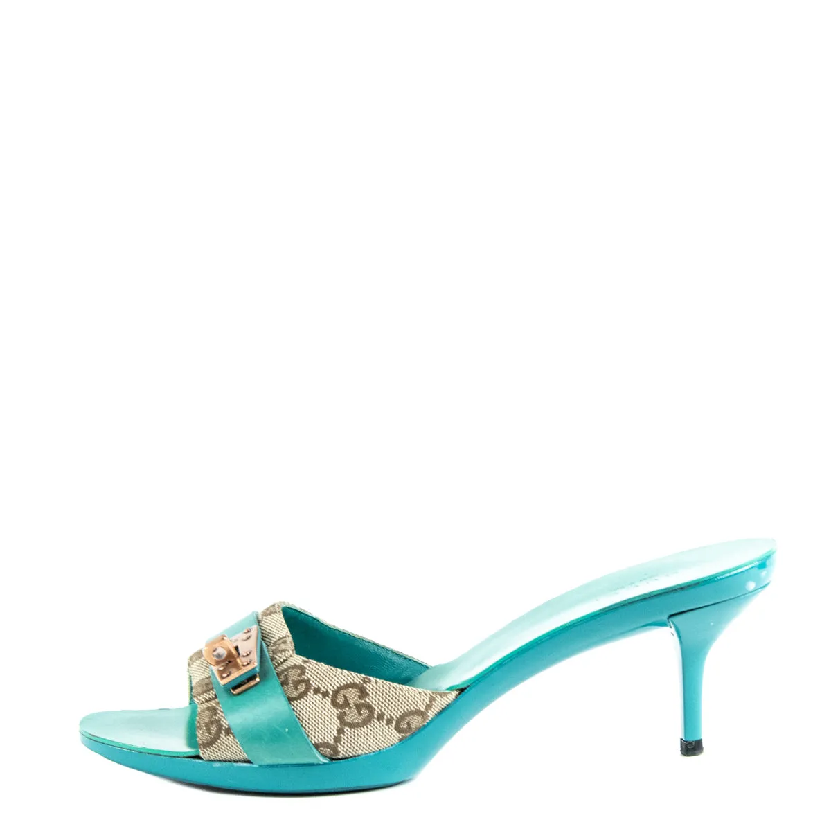 Gucci Turquoise & GG Canvas Slide Sandals Size US 7.5 | EU 37.5