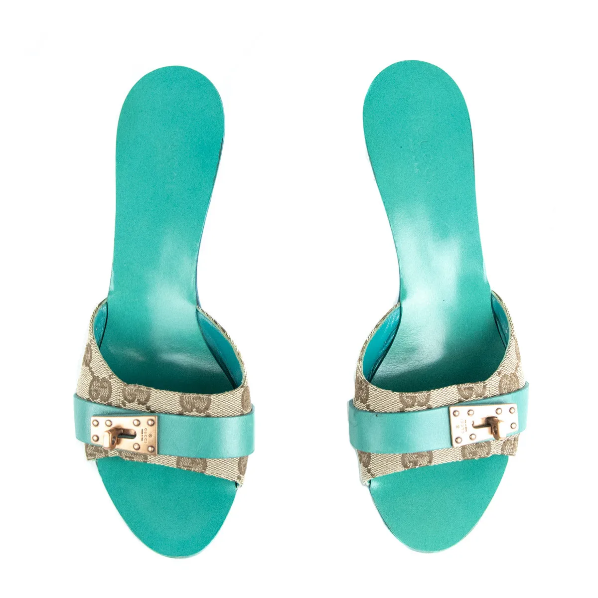 Gucci Turquoise & GG Canvas Slide Sandals Size US 7.5 | EU 37.5