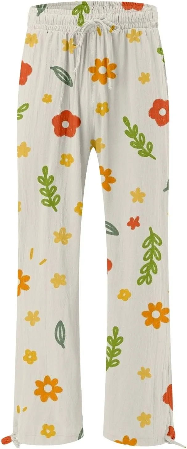 High Waist Floral Summer Casual Loose Pants Womens Cotton Casual Loose Pants Comfy Work Pants with Pockets Elastic