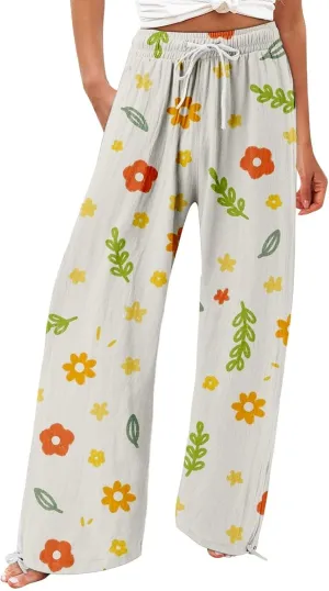 High Waist Floral Summer Casual Loose Pants Womens Cotton Casual Loose Pants Comfy Work Pants with Pockets Elastic