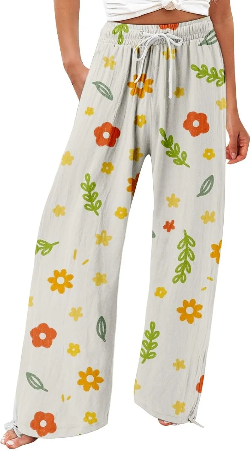 High Waist Floral Summer Casual Loose Pants Womens Cotton Casual Loose Pants Comfy Work Pants with Pockets Elastic