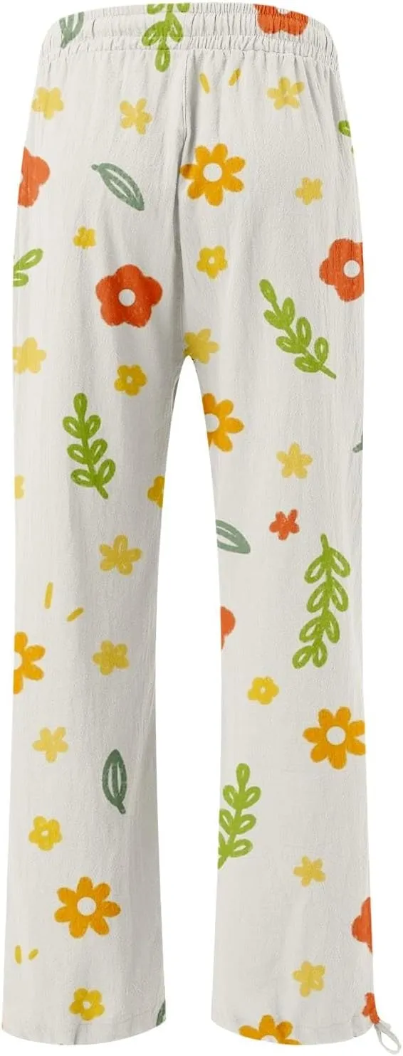 High Waist Floral Summer Casual Loose Pants Womens Cotton Casual Loose Pants Comfy Work Pants with Pockets Elastic