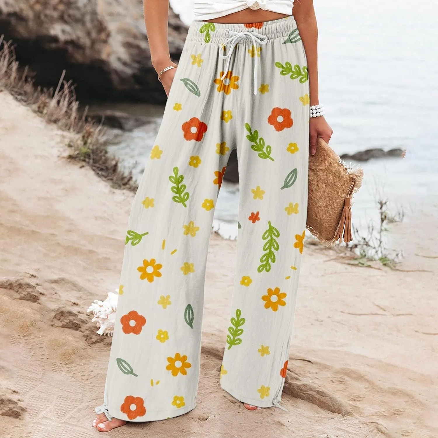 High Waist Floral Summer Casual Loose Pants Womens Cotton Casual Loose Pants Comfy Work Pants with Pockets Elastic